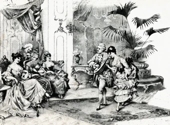 Taniec dworski w stroju rokoko. około 1900