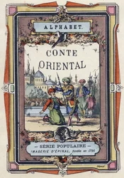 Okładka alfabetu orientalnej opowieści. Obraz Epinal, około 1890. Popularny serial. Mała broszura 8 stron. Wymiary: 205x150mm. Matrycowane drzeworyty na temat metier