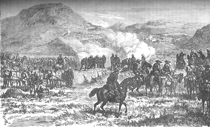Osłona odwrotu pięćdziesiątego ósmego pułku po bitwie pod Laings Nek, ok. 1880 r.