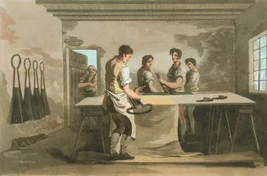 Przycinanie wełny w celu uzyskania równego stosu po podniesieniu drzemki, 1814