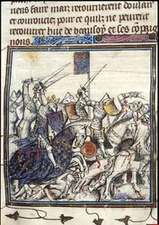 Krzyżowcy i walka Saracenów podczas III krucjaty Z Chroniques de France ou de St Denis, po 1380