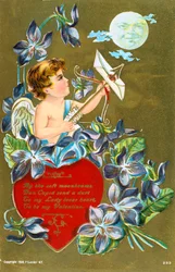 Kupidyn strzelający strzałą niosącą list miłosny, amerykańska kartka walentynkowa, 1908