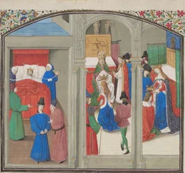 Śmierć Baldwina IV. Koronacja Gwidona de Lusignan. Miniatura z Historii Wilhelma z Tyru, lata 1460.