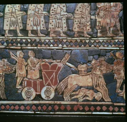 Szczegół sztandaru Ur, przedstawiający sumeryjski rydwan wojenny, południowy Irak, około 2600-2400 p.n.e.
