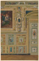 Rysunek, Przekrój ściany przedstawiający grupy malowanych paneli, Komnata owalna, Salon Ludwika XIV, Pałac Fontainebleau, Francja