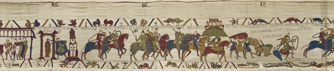 Książę William prowadzi swoją armię do Bretanii, gdzie Harold dzielnie ratuje żołnierzy z ruchomych piasków, Bayeux Tapestry (haft wełniany na płótnie)