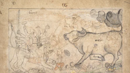 Durga konfrontuje się z Buffalo Demon Mahishą: Scena z Devi Mahatmya, Ka. 1780.