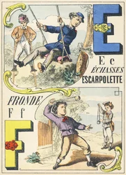 E F: echasses, escarpolette, fronde - alfabet gier, c.1890 (ilustracja)