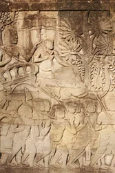 Słonie i wojownicy Rzeźba reliefowa we wschodniej Galerii Zewnętrznej w Bayon, Siem Reap, Kambodża
