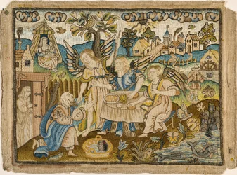 Haftowany obrazek: Abraham zabawiający aniołów, II poł. XVII w.