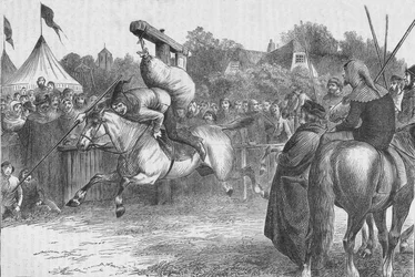 Angielska wesołość w XIV wieku: przechylanie się na quintain, 1905.