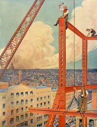 Wznoszenie dźwigarów wielkiego nowego sklepu, ok. 1930.