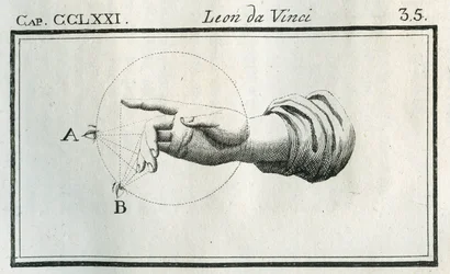 Etiuda o percepcji palców dłoni w ruchu. Grawer z „”Traktatu malarstwa”” Leonarda da Vinci (Leonard de Vinci) (1452-1519). ""Traktat o malarstwie Lionardo da Vinci", """Mediolan, Towarzystwo Typograficzne
