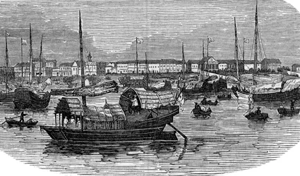 Fabryki europejskie w Kantonie Kanton, Chiny, ok. 1875 r.