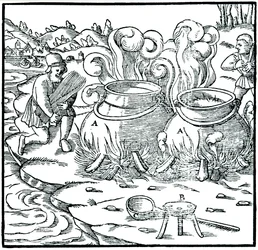 Odparowywanie wody morskiej w żelaznych garnkach w celu uzyskania soli, 1556