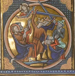 Egzekucja Żydów. Miniatura z herbów biblijnych, ok. 1220-1230.