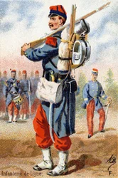 F: Piechota liniowa. Grawerowanie w „Alfabecie wojskowym”. Inicjały ilustratora: A. D. Wydawca nieznany. Chromolitografie z końca XIX wieku. Wymiary: 10,5x7cm .
