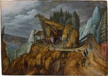 Fantastyczny krajobraz skalisty z kuszeniem św. Antoniego, 1600 rok.
