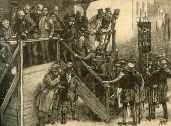 Ojciec John Murphy prowadził swoich lokatorów do głosowania w wyborach uzupełniających do Clare, Irlandia, 1828/1890.