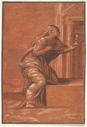Kobieca personifikacja Wiary, która klęczy podnosząc w lewej ręce kielich, af..., ok. godz. 1520-1560.