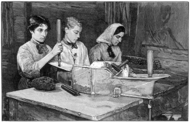 Napełnianie nabojów proszkiem dynamitu w Isleten, niedaleko Fluelen, Szwajcaria, 1893