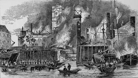 Pożar w Toppings Wharf, London Bridge, 1843, c1843, 1912.