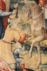 Flamandzki gobelin. Seria Historia Hannibala. Hannibal we Włoszech (Aníbal en Italia). Trzeci gobelin z zachowanych. Modele Anonimowy mistrz Holandii. Warsztaty produkcyjne w Brukseli. Około 1570. Tkanina Wełna i jedwab. 6,5/7 wypaczeń na cm. Rozmiar