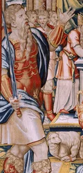Flamandzki gobelin. Seria Historia Hannibala. Przysięga Hannibala (Juramento de Aníbal). Pierwszy gobelin z serii. Bajki anonimowego mistrza Holandii. Warsztaty produkcyjne w Brukseli. Około 1570. Tkanina Wełna i jedwab, 6,5/7 osnowy na cm. Rozmiar 34