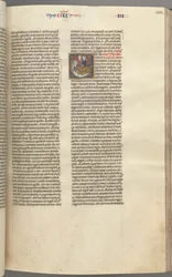 Fol. 123r, Księgi Królewskie III, inicjał historiowany E, sługa przyprowadza Abiszag do Dawida..., około 1275-1300