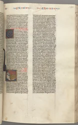 Fol. 190r, Tobit, historyczny inicjał T, Tobit śpiący na łóżku, ok. 1900 r. 1275-1300.