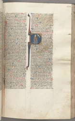 Fol. 218r, Psalm 26, historyczny inicjał D, Dawid klęczący wskazując na jego oczy, popiersie Boga...,