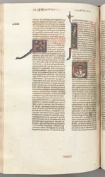 Fol. 357v, Jonasz, historyczna inicjał E, Jonasz połknięty przez wieloryba, otoczone murem miasto powyżej, 1275-