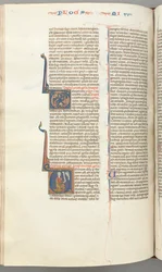 Fol. 358v, Micheasz, inicjał historyczny V, Micheasz klęczący, popiersie Boga u góry, c. 1275-1300.