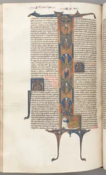 Fol. 391v, Mateusz, pełnometrażowy historyczny inicjał L, Drzewo Jessego, ze śpiącym Jesse, c.