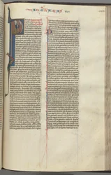 Fol. 449r, Galacjan, inicjał historyczny P, Paweł siedzący z mieczem, ok. 449r. 1275-1300.