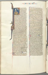 Fol. 458v, Tytus, inicjał historyczny P, Paweł siedzący z mieczem, ok. 458v. 1275-1300.