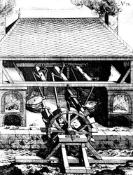 Kuźnia z mieszkiem napędzanym przez przedsionkowe koło wodne przez korby, 1673