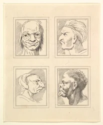Cztery głowy z Characaturas Leonarda da Vinci, z Rysunków Wincelslausa Hollara, ..., 1786.