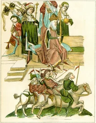 Fryderyk I otrzymuje brandenburski egzemplarz ilustracji z ilustrowanej kroniki Richentals, ok. 1930 r. 1440