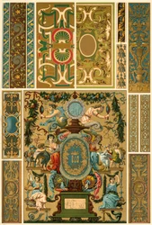 Francuski renesansowy obraz ścienny, polichromowana rzeźba malowana, tkactwo i okładki książek, 1898.