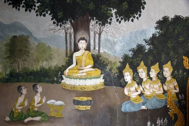 Fresk przedstawiający scenę z życia Buddy w Wat Phra Doi Suthep w Chiang Mai. Budda otrzymujący jałmużnę. Tajlandia