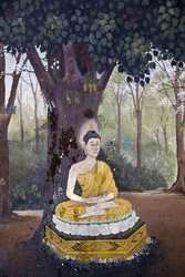 Fresk przedstawiający scenę z życia Buddy w Wat Phra Doi Suthep w Chiang Mai. Budda medytuje pod drzewem. Tajlandia