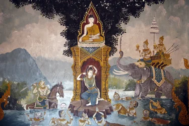 Fresk przedstawiający scenę z życia Buddy w Wat Phra Doi Suthep w Chiang Mai. Phra Mae Thorani kręci swoje długie włosy, a potoki wody tworzą powódź. Tajlandia