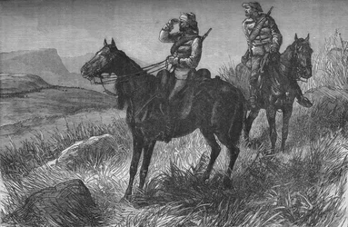 Frontier Light Horse, na służbie Vedette, Odkrywanie Zulusów w pobliżu Woods Camp, na wzgórzu Kambula, ok. 1880