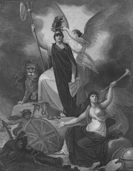 Frontyspis – Britannia trzymająca Trójząb Neptuna, zwieńczona Czapką Wolności i koroną