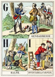 G H I: Żandarmeria, Halte, Inventaire du gamenier - Alfabet myśliwski, ok. 1890 (rycina)