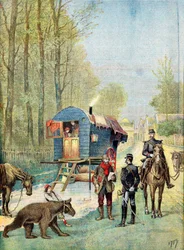 Żandarmi biorący formularze spisowe do obozu wędrownych cyganów w ich karawanie, 1895