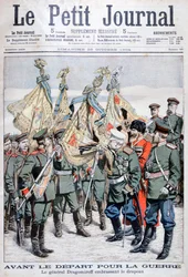 Generał Dragomirov całuje flagę, zanim wojska wyruszą na wojnę rosyjsko-japońską, 1904