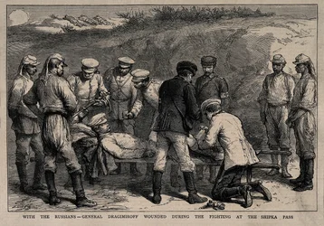 Generał Michaił Dragomirow ranny w bitwie pod Przełęczą Szipka, ok. 1878 r.