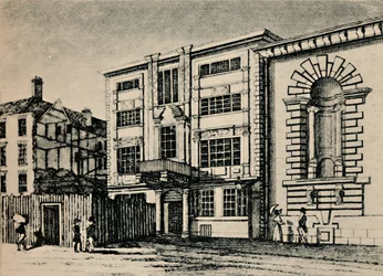Główny Urząd Pocztowy, około 1793 r. – Pokazuje budynki przylegające do kawiarni Lloyds, 1928 r.